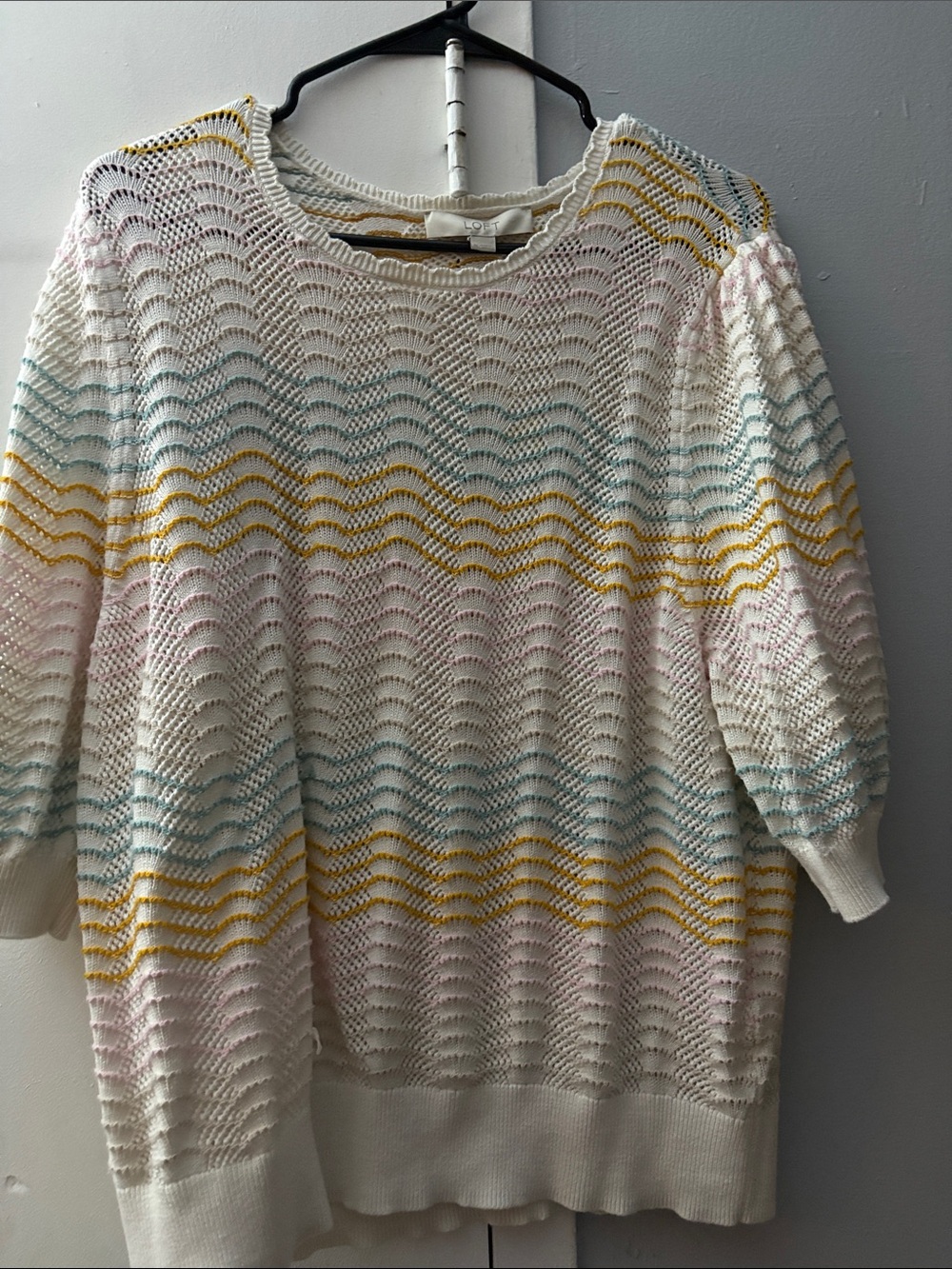 LOFT White Open-Knit Sweater with Yellow, Blue & Pink Stripes